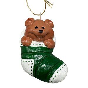 Christmas stocking tree ornament bear green brown hand painted 2.5" READ